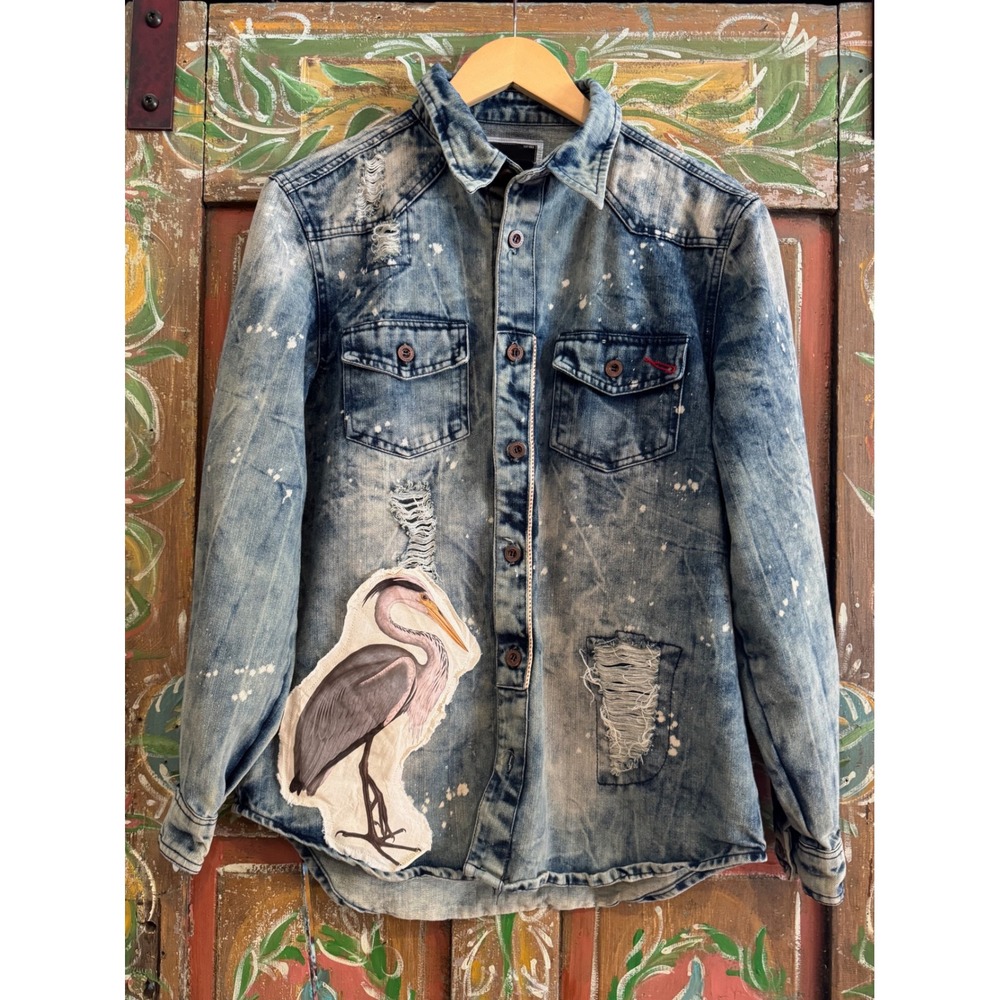 Upcycled/Reworked Denim Jacket| Vintage Heron, Cat, & Bow Patchwork| Boho| Large - Picture 7 of 13